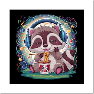 Funny raccoon eating noodles and enjoying music. Music lovers Posters and Art